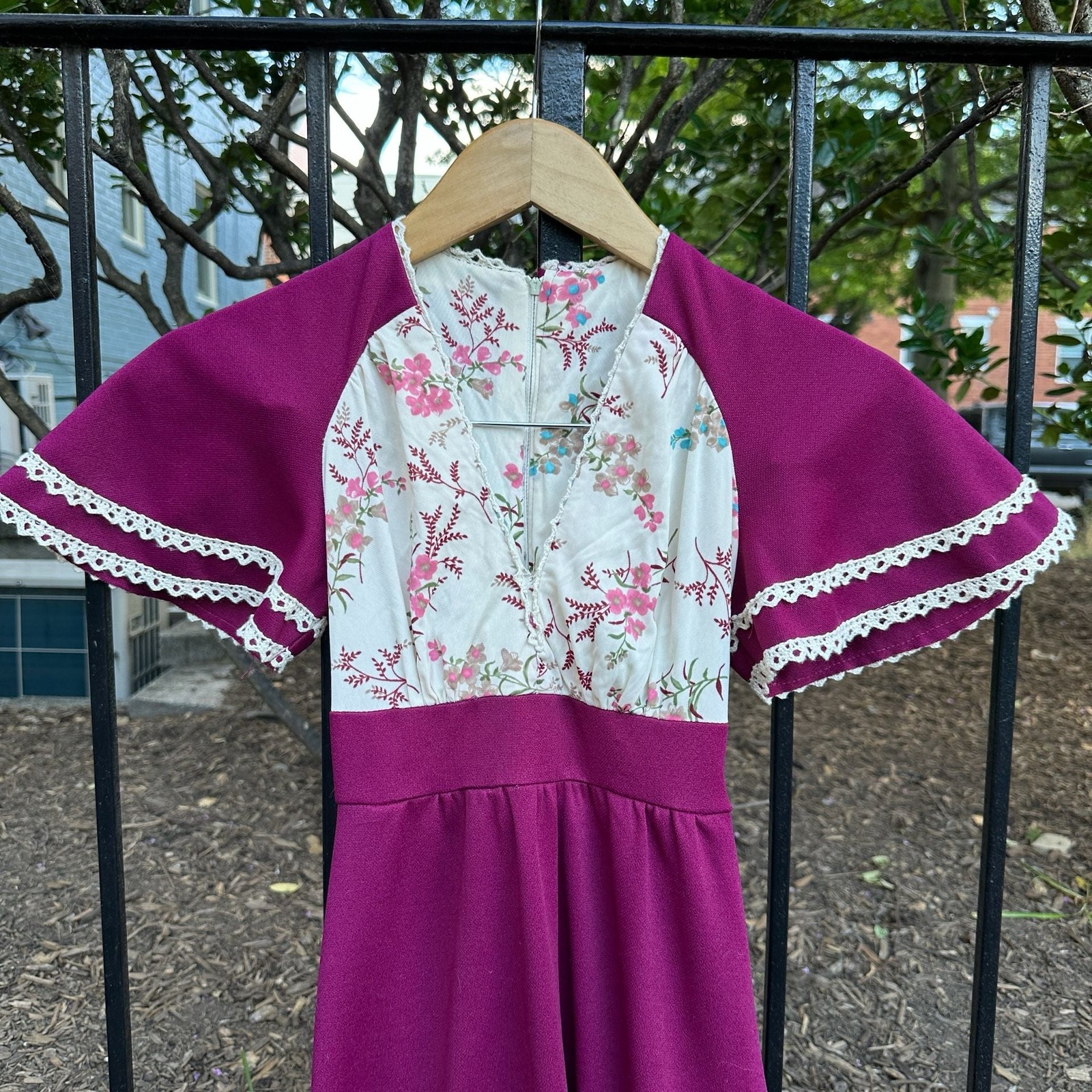 Vintage 1970s Magenta Prairie Maxi Dress with Floral Bodice and Lace Trim