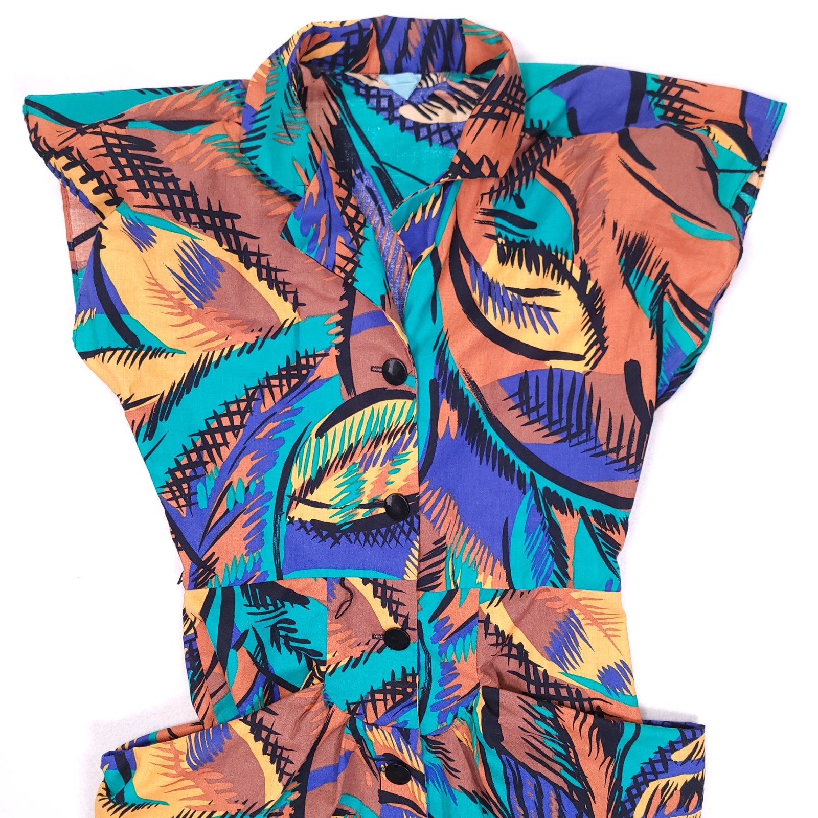 Vintage 80s Abstract Tropical Midi Dress Sleeveless Padded Shoulder Multicolor