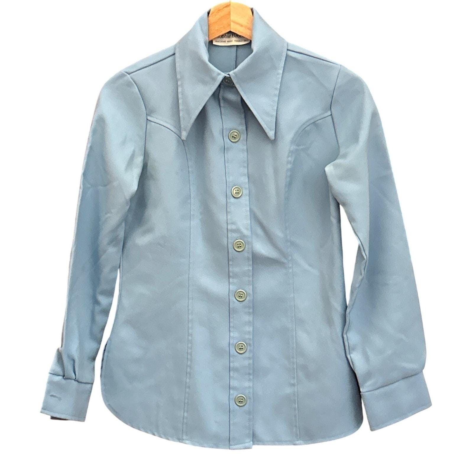 70s Bobbie Brooks Button Down Shirt Dagger Collar Western Retro Blue Blouse