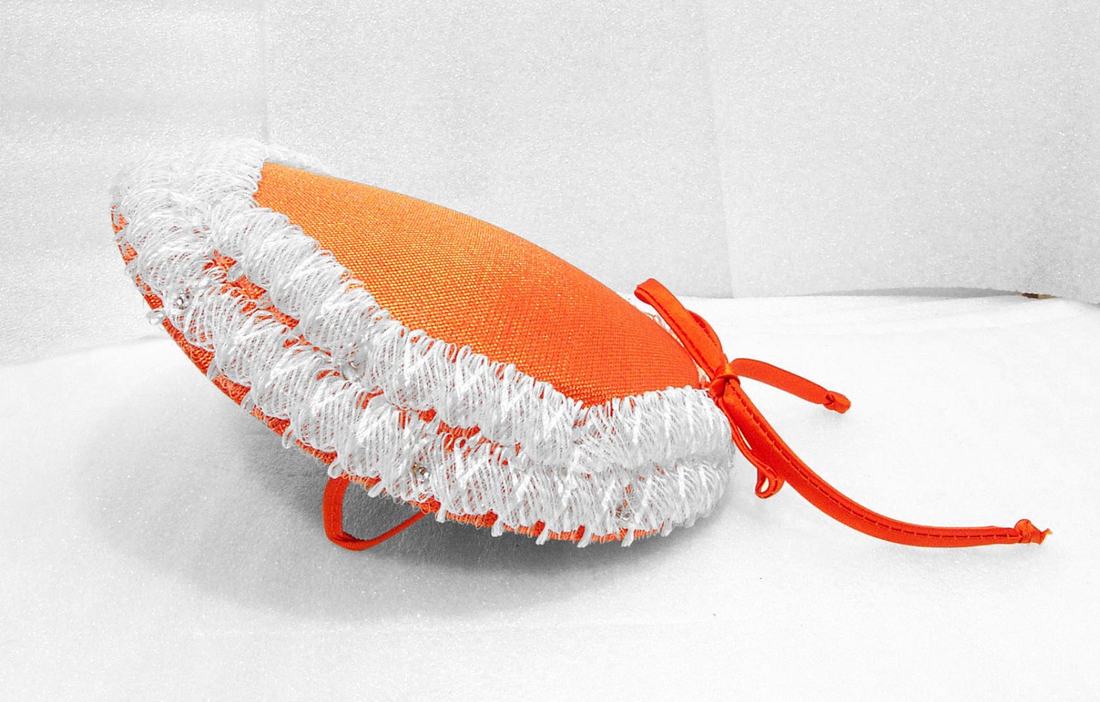Orange Hat /White Trim with Rhinestones Side Prongs Satin Tie Bow Vintage 50’s