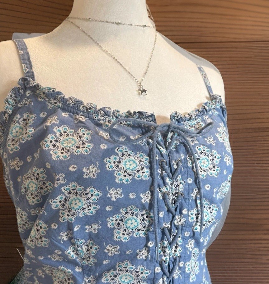 Vtg Y2K Corset Cami Top Coquette Beaded Cottagecore Delicate Lace-Up Festival L