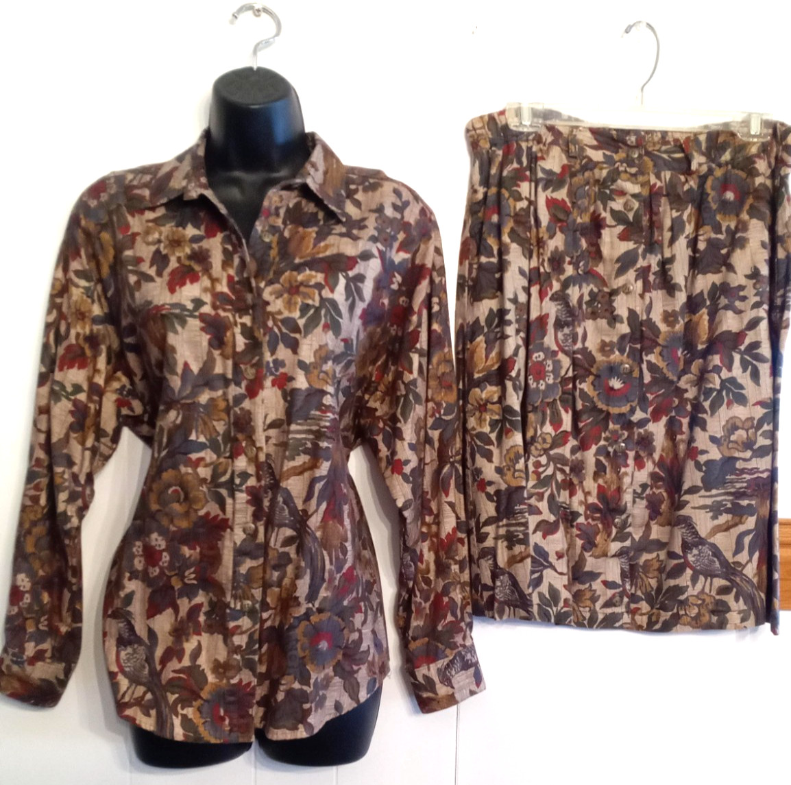 Bushwacker USA Womens Blouse & Skirt SUIT size L Floral Bird Pattern VTG Outfit