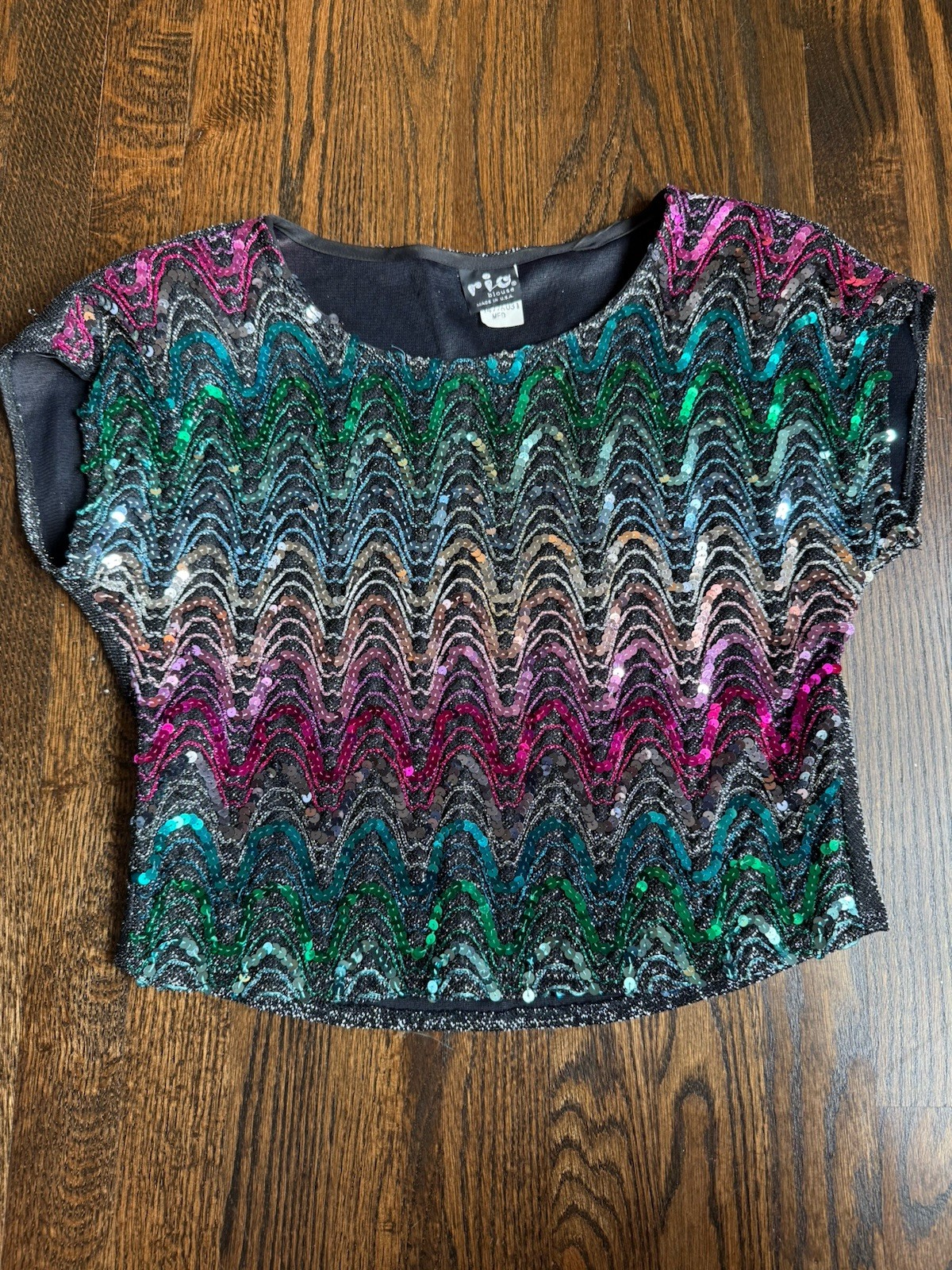 Vintage 1980s Rio Blouse Multicolor Rainbow Zigzag Sequin Party Top Made in USA