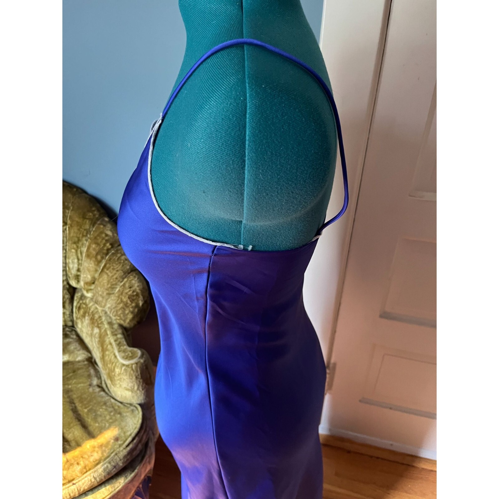 80s Strappy + Sexy Royal Blue Long Maxi Nightgown with Pink + White Neckline Des