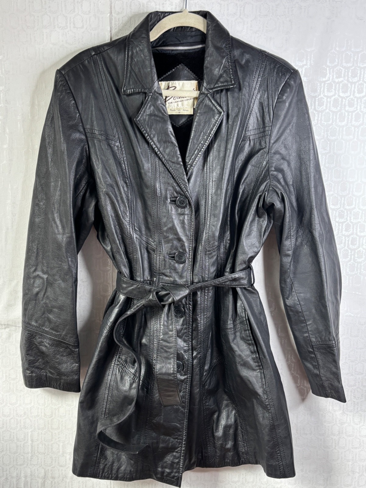 VTG 70’S BERMANS BLACK LEATHER DISCO FAUX FUR SHERLING BELTED JACKET*WOMENS -M