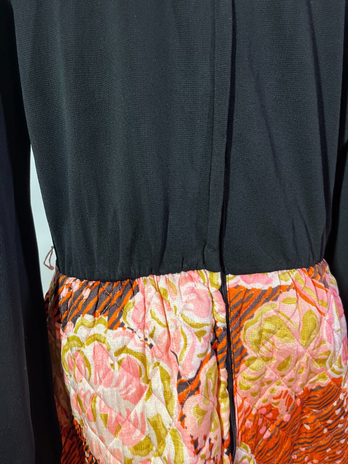 Vintage 1970s Maxi Dress Quilted Skirt Black Pink Orange Hostess