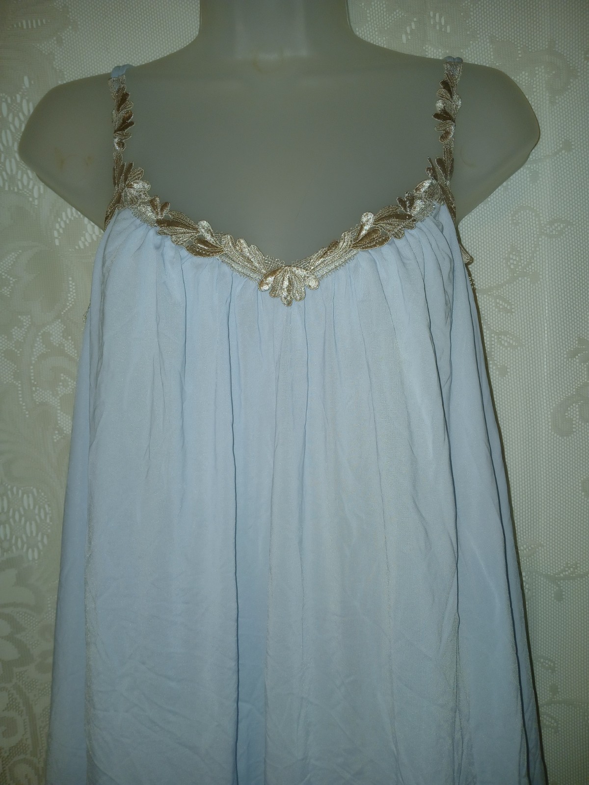 Vintage Shadowline Blue Soft Silky Nylon Floral Lace Nightgown Lingerie 3XL EUC