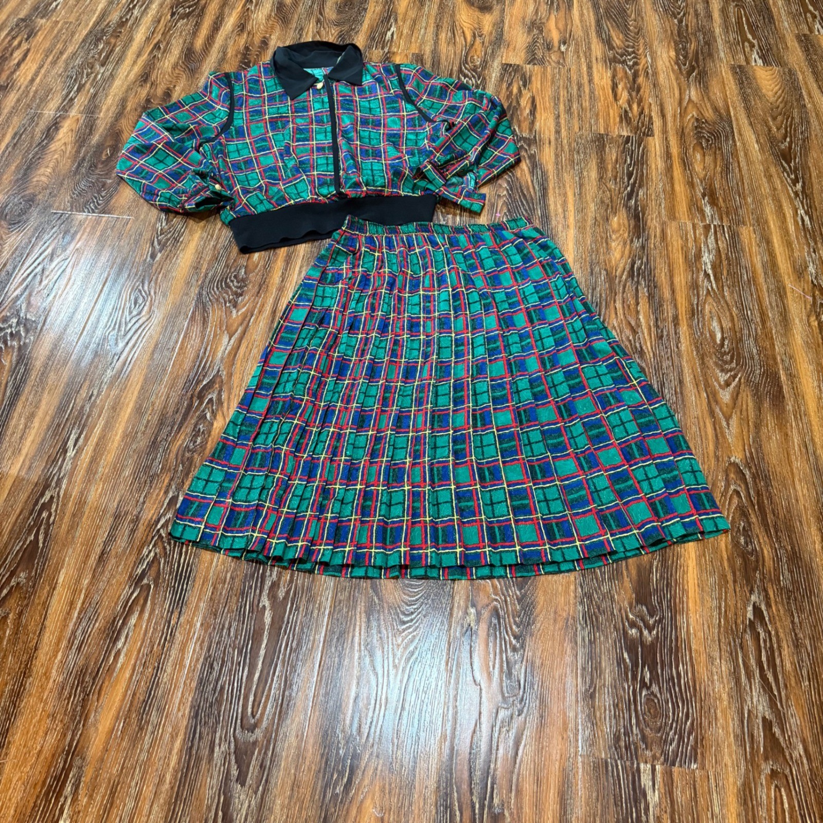 Vintage Plaid Skirt Set Andrea Gayle Petites Green Red Blue 2 Piece Size 12P