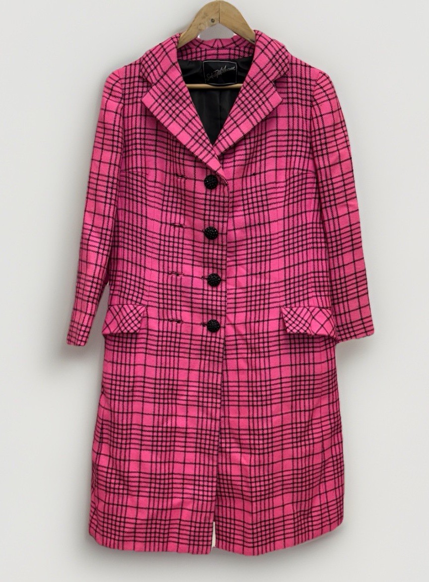 Vintage 1960s Bill Blass Hot Pink Black Plaid Dress Coat Jacket Size 8 ILGWU