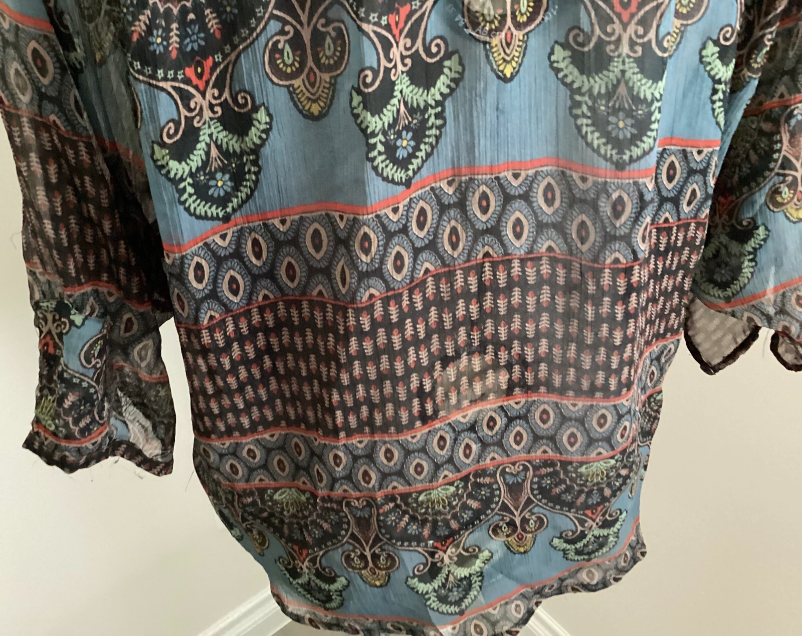 VTG Passport Pier 1 black teal pattern scoop v neck button sheer BOHO 3/4 sleeve