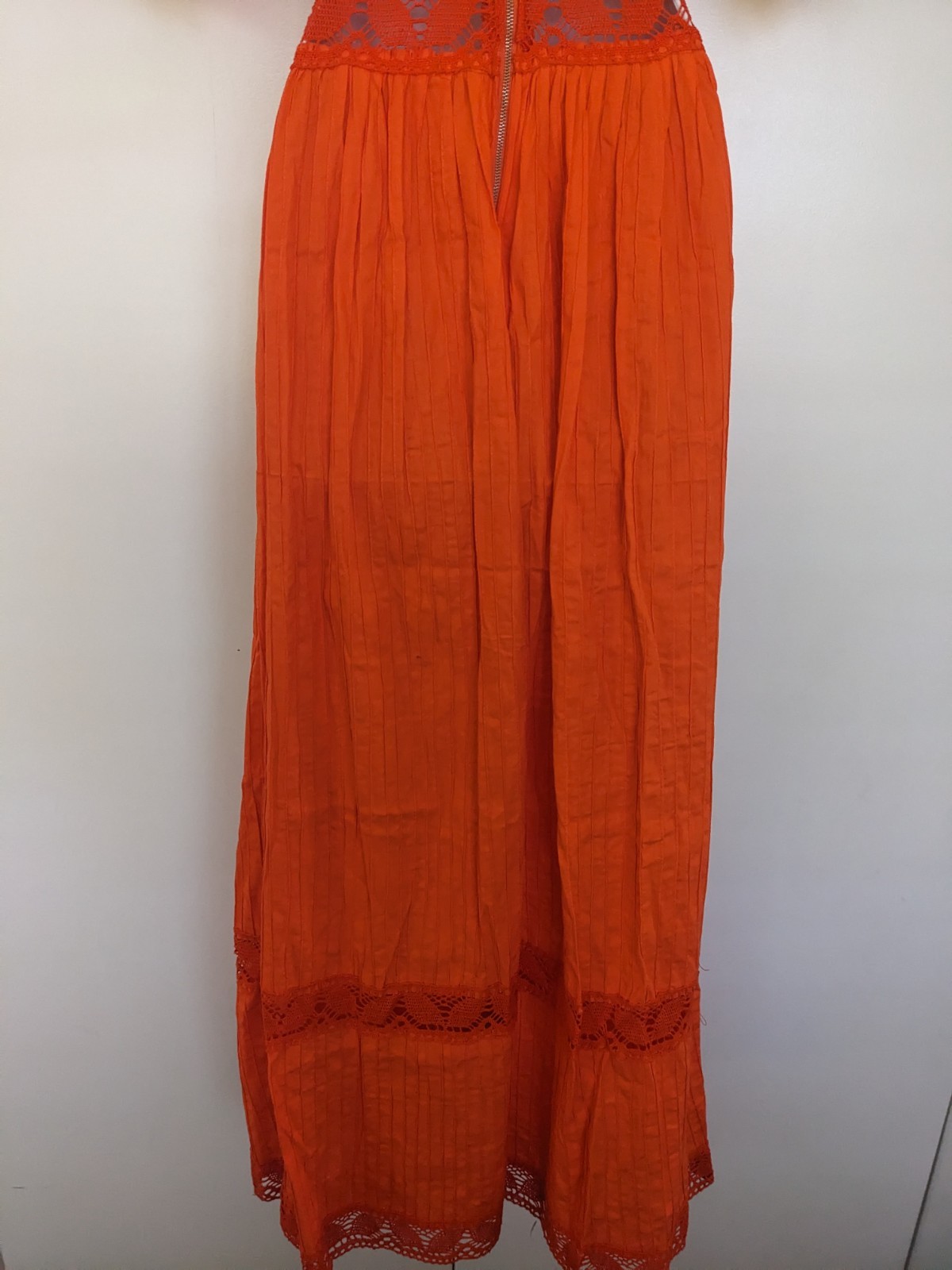 Vintage Orange Cotton Pintuck Crochet Lace Mexican Boho Peasant Dress Maxi 70s