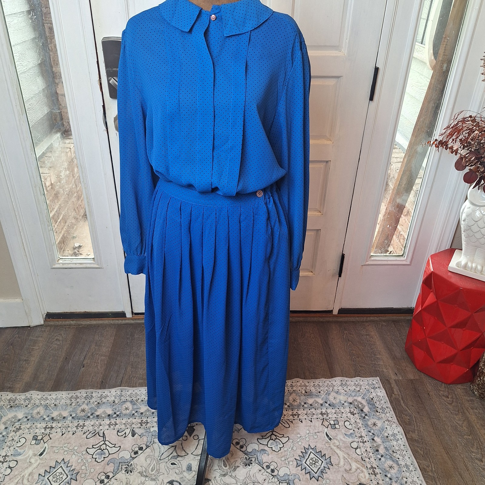 Vtg 80’s Compositions Skirt & Blouse Set, Blue With Black Polka Dots, Size…