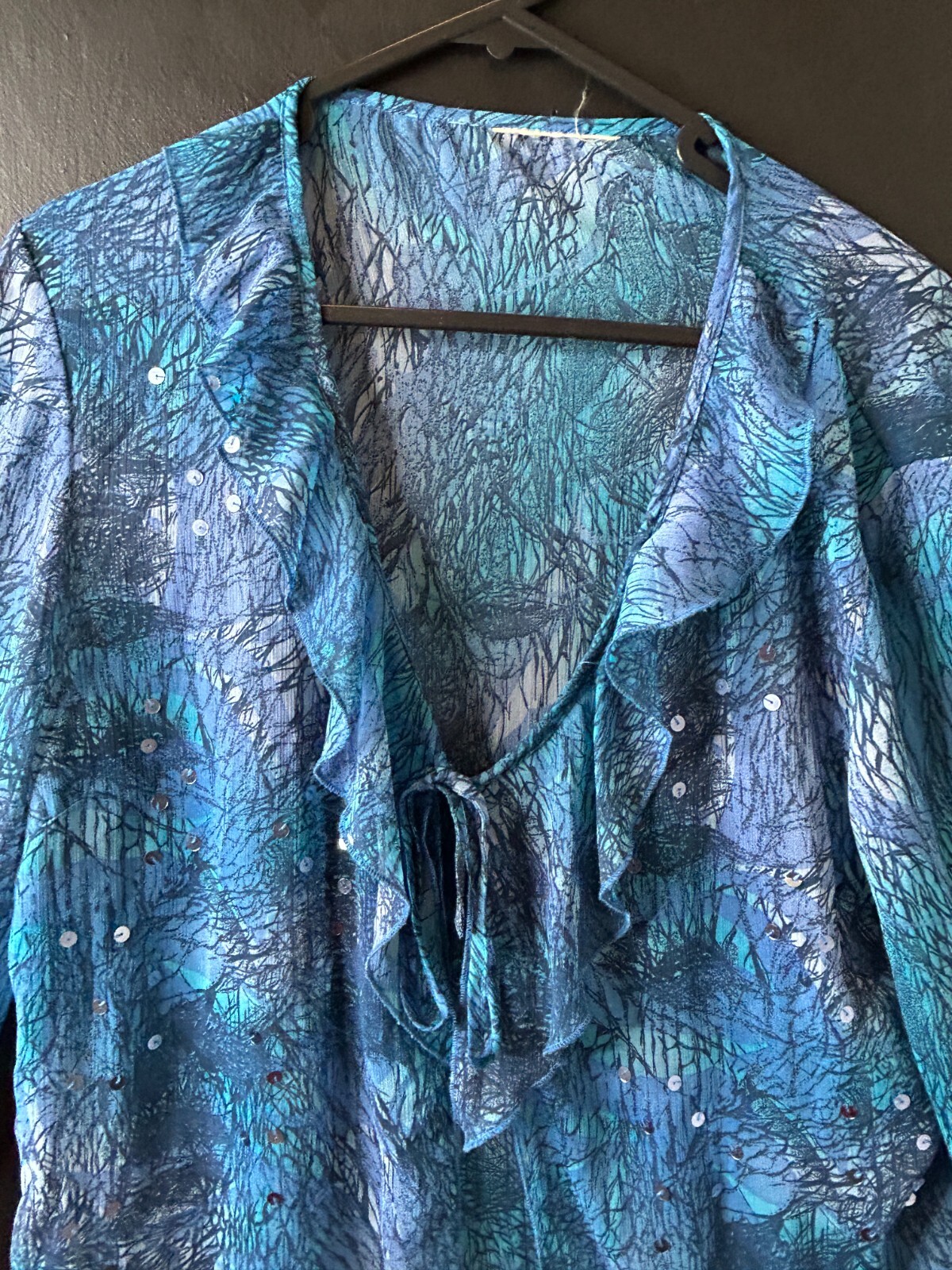 Vintage y2k Ladies Sheer Blue Cascade Ruffle Blouse Sequin Summer Hippie AU 12