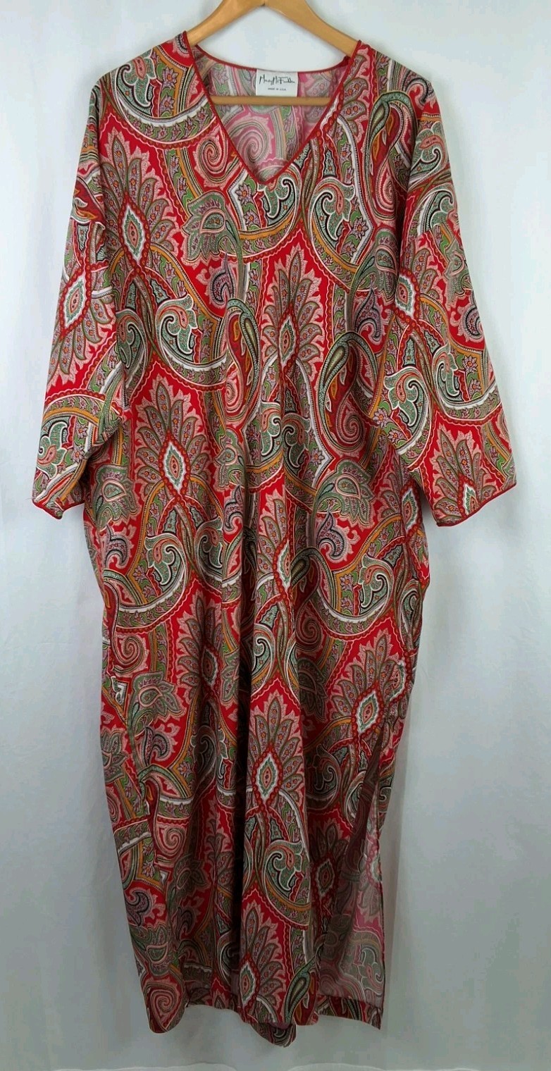 Vintage Mary McFadden V Neck Red Paisley Caftan House Dress One Size
