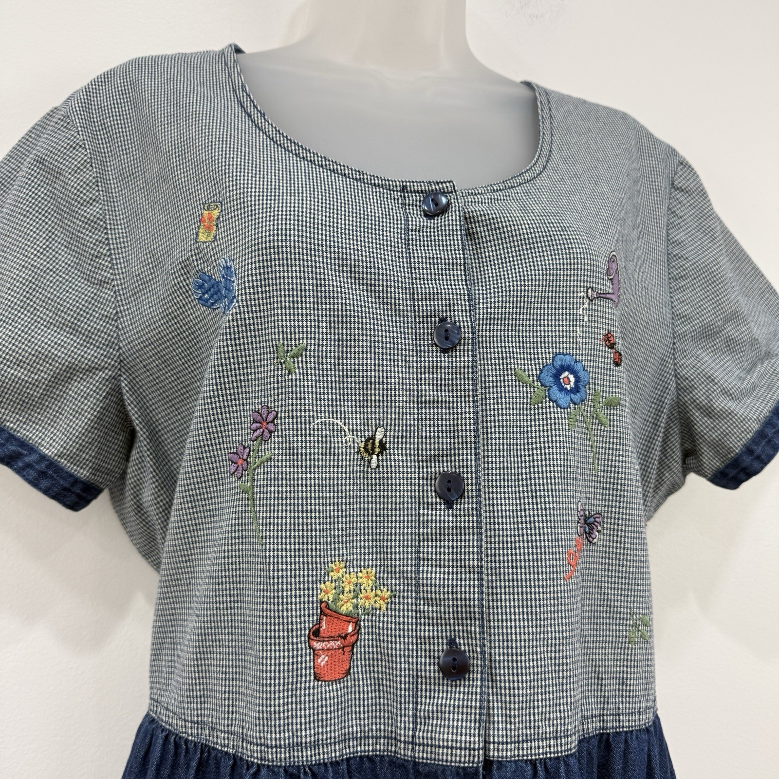 VTG 90s Bobbie Brooks Denim Dress XL Garden Gingham Cottage Country Teacher Maxi