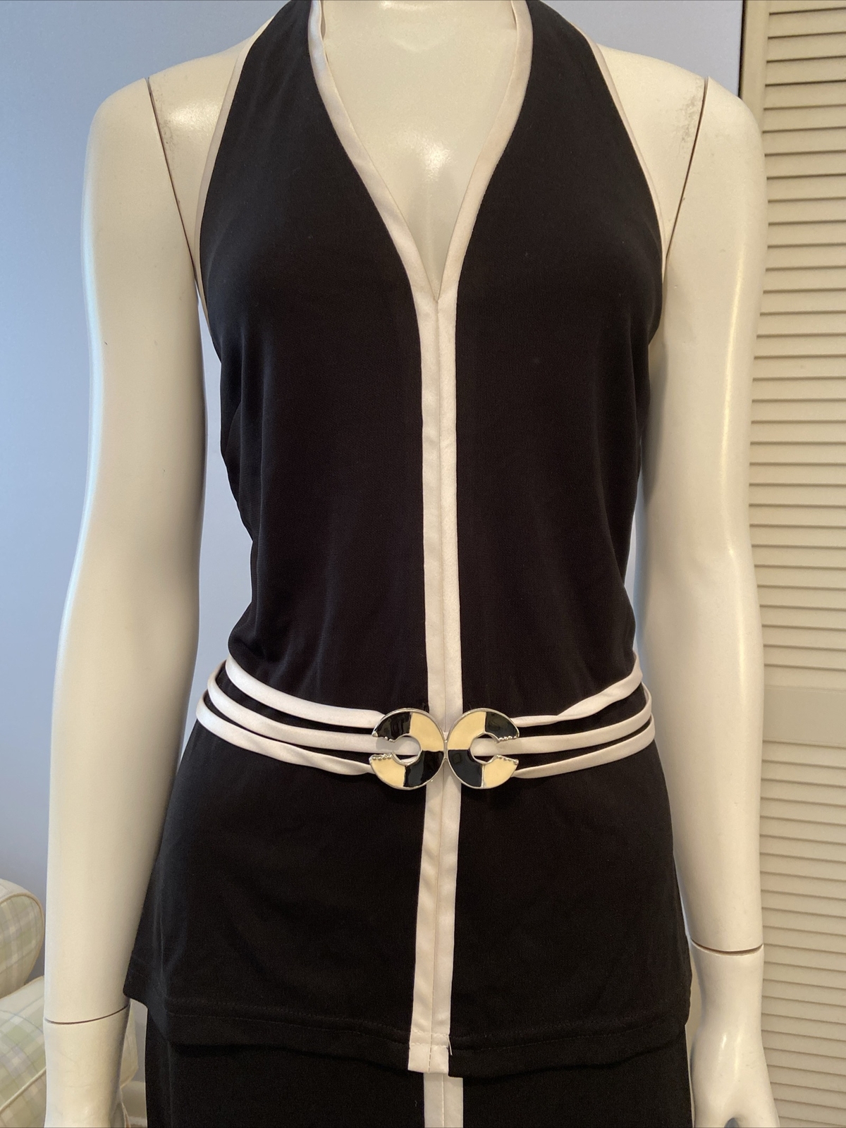 Vtg CHIC JOSEPH RIBKOFF 2 PC Halter Top Skirt Black With White Trim Slit Sz 10
