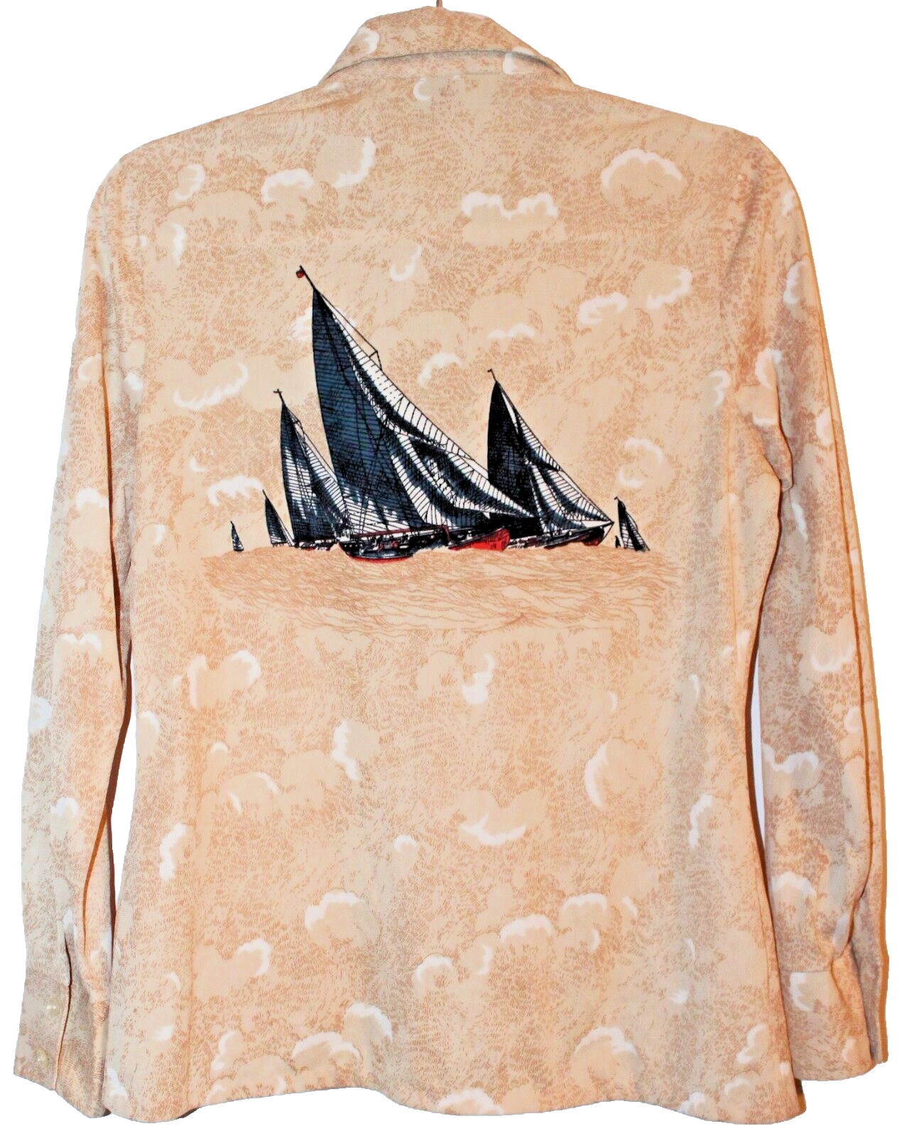 Vtg 70s SAILBOAT DISCO HIPPIE NYLON SHIRT Sz S Woodstock Boho Festival Boat Top