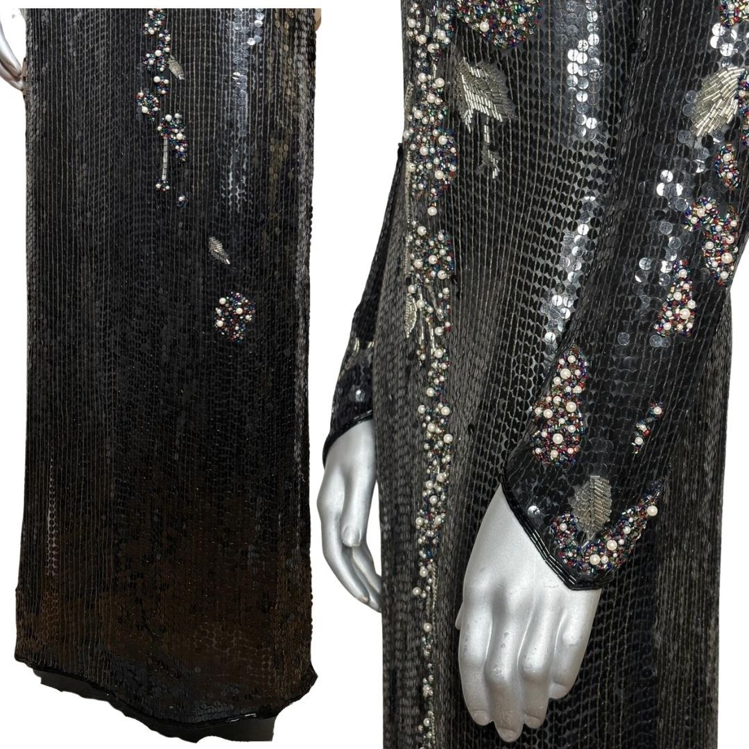 Vintage 90s RIAZEE Couture Black Beaded Sequin Silk Evening Gown Formal Dress 6
