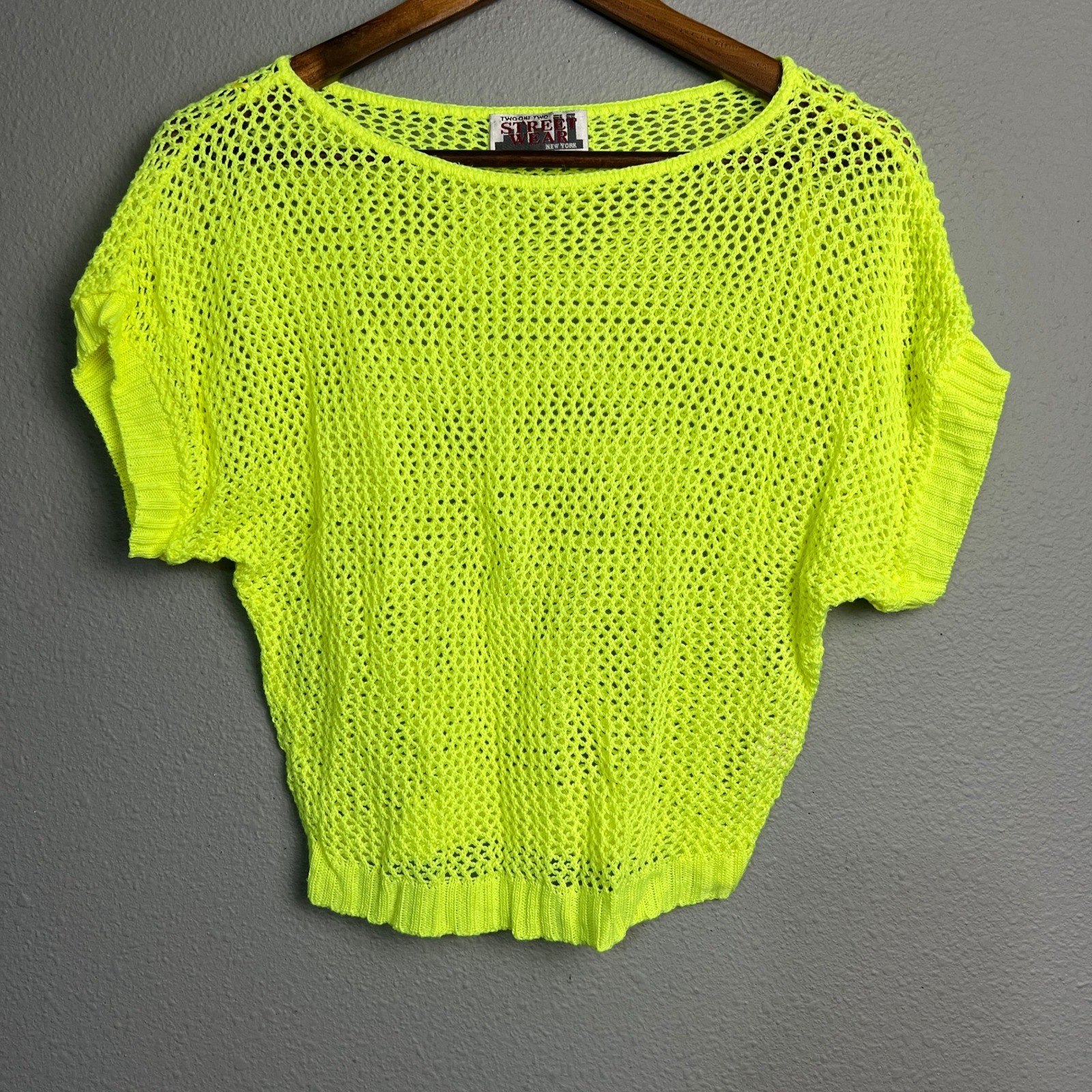 Vtg Two One Two Street Wear Arizona Y2K Neon Yellow Crochet Knit Top Valley Girl