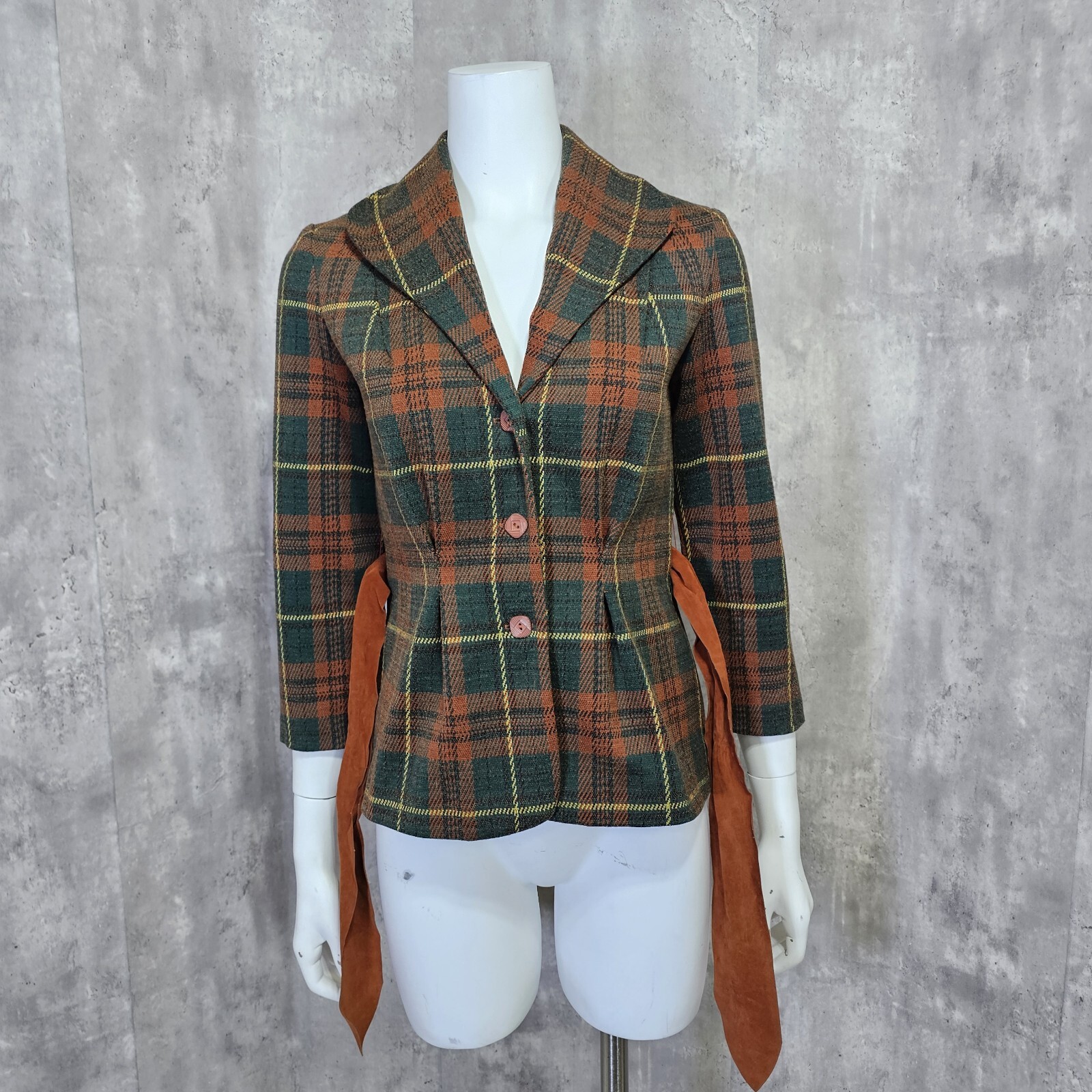 Vintage 70s Donovan Galvani Dallas Dbl Knit Polyester Brown Green Plaid Blazer
