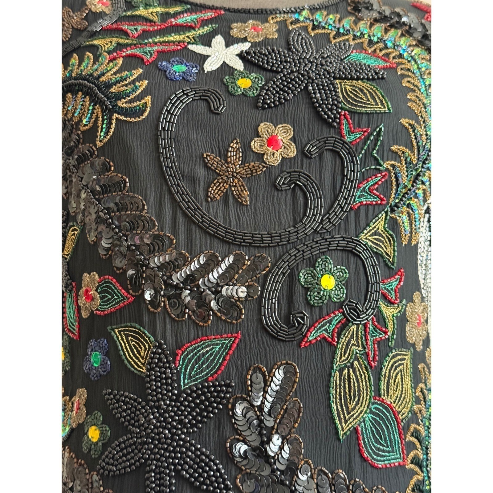 Pure Allure whimsical fairy Vintage Beaded Silk Mini Dress Black Floral Sequin