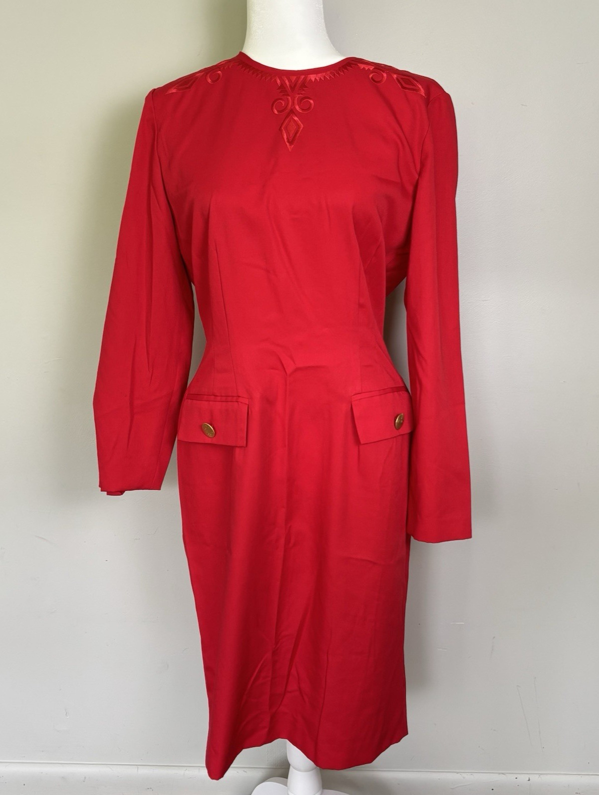 Vintage 80s Classic by Leslie Fay Red Long Sleeve Embroidered Sheath Dress-Sz 10