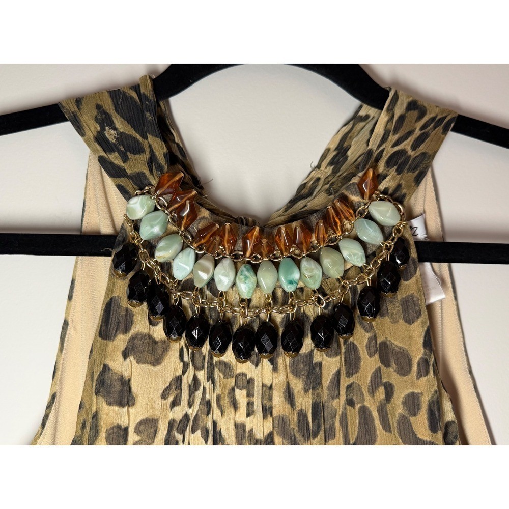 Vintage Cache Leopard Print Halter Top Beaded Bib Neck Smocked Blouse XS