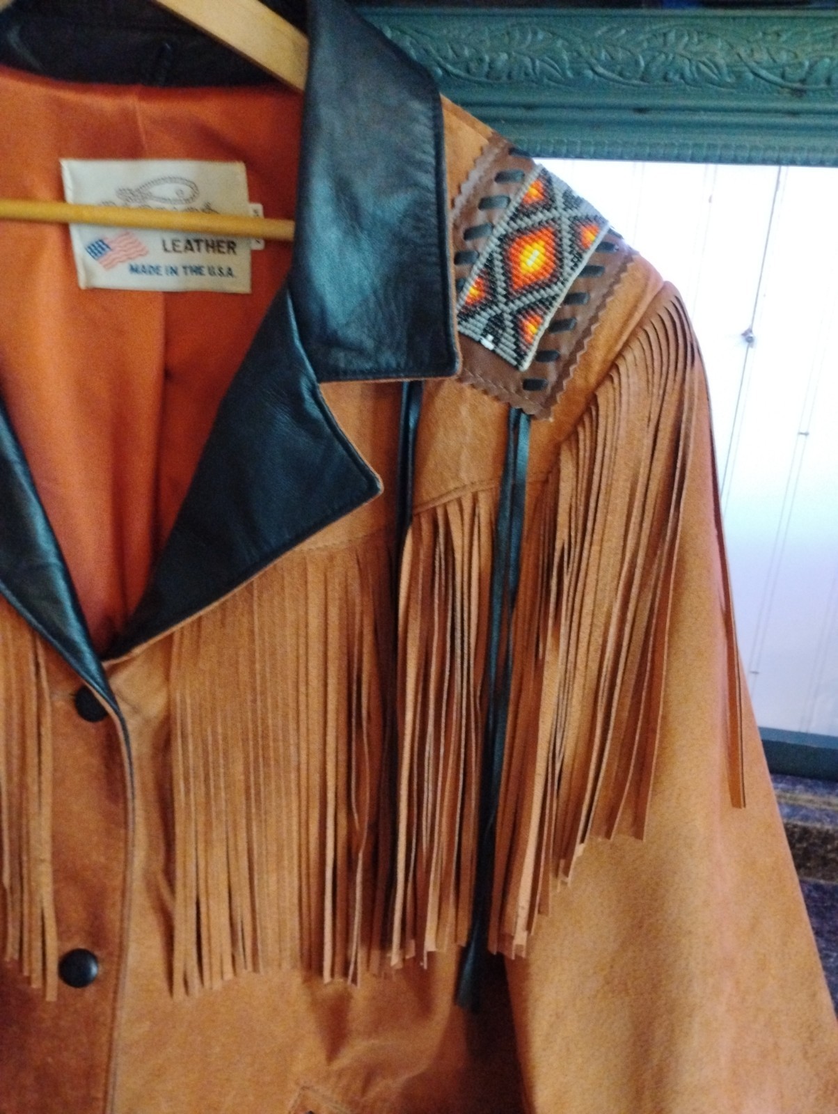 Lariat Leather Coat Fringed Beaded Southwest Suede Made in USA Sz X-largeVintage