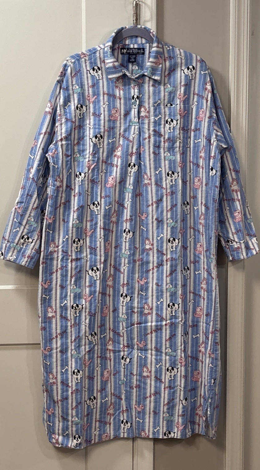 BIG DOGS Blue Nightgown Women’s L-XL Flannel 100% Cotton Puppy Love