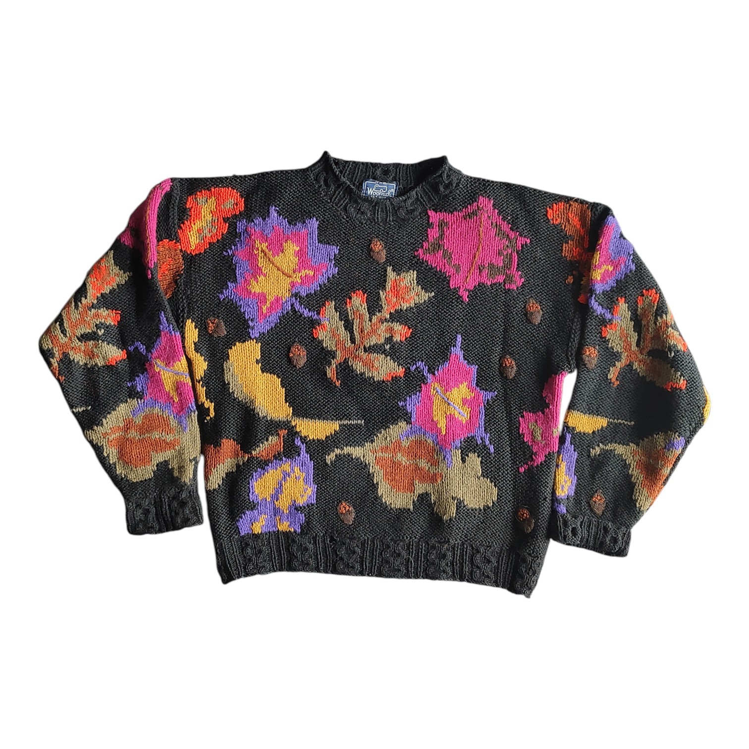 Vintage Woolrich Autumn Themed Floral Motif 3D Knit Sweater Women Size M 90s