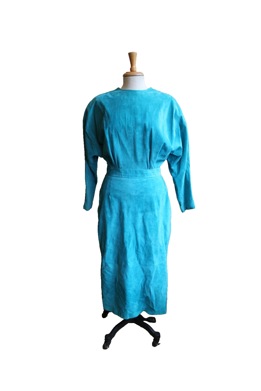 Vintage 80’s Turquoise Suede Leather Fitted Dress From Nordstrom L 28″ waist