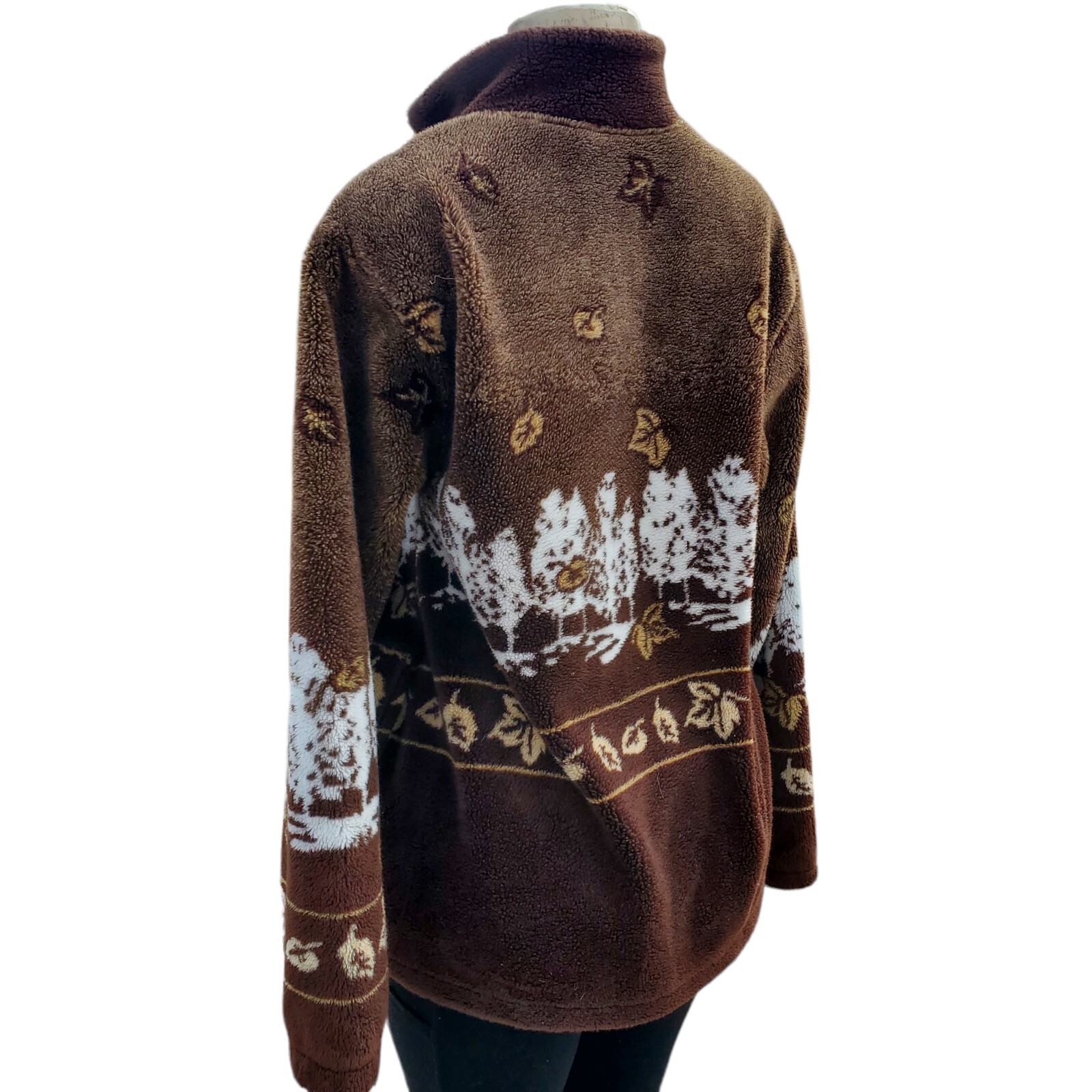 VTG 90s ART UNLIMITED Fleece Jacket AOP Autumn Graphic Brown Full-Zip Adult S