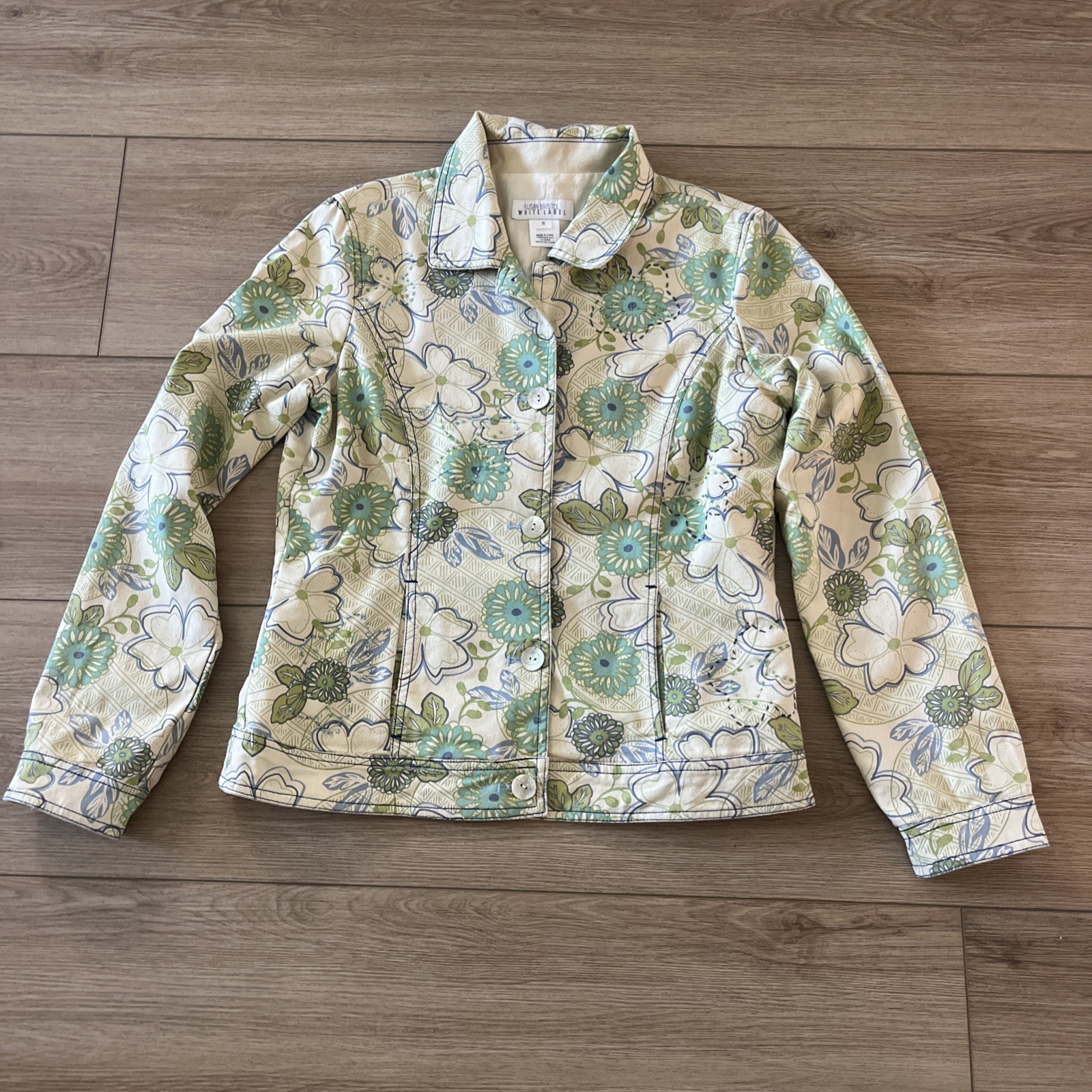 Vintage Susan Bristol Blazer Jacket tan Flowers Embroidery Beaded Small