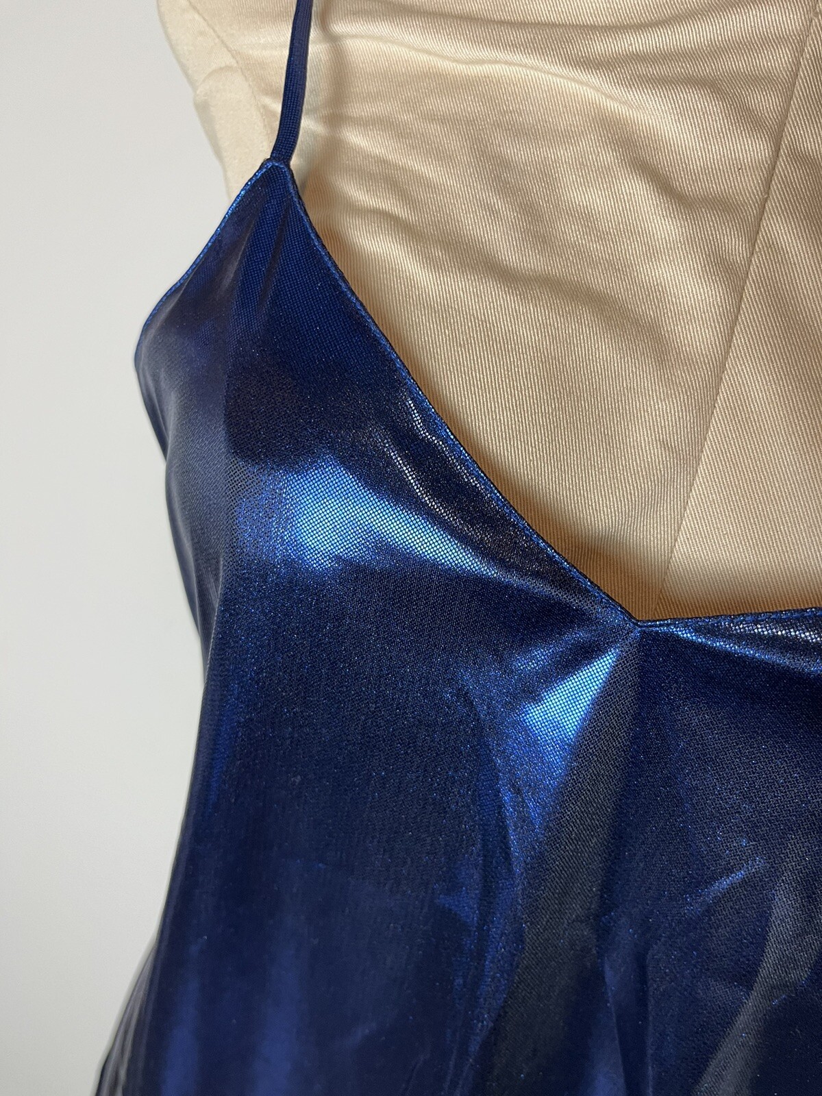 Vintage Intimo Chemise Dress Medium Blue Liquid Metal Metallic V Neck