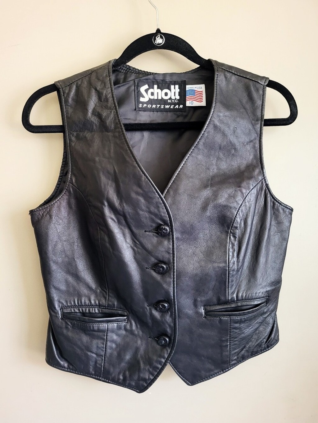 Vintage Schott NYC Black Leather Vest • Made in USA • 80s/90s