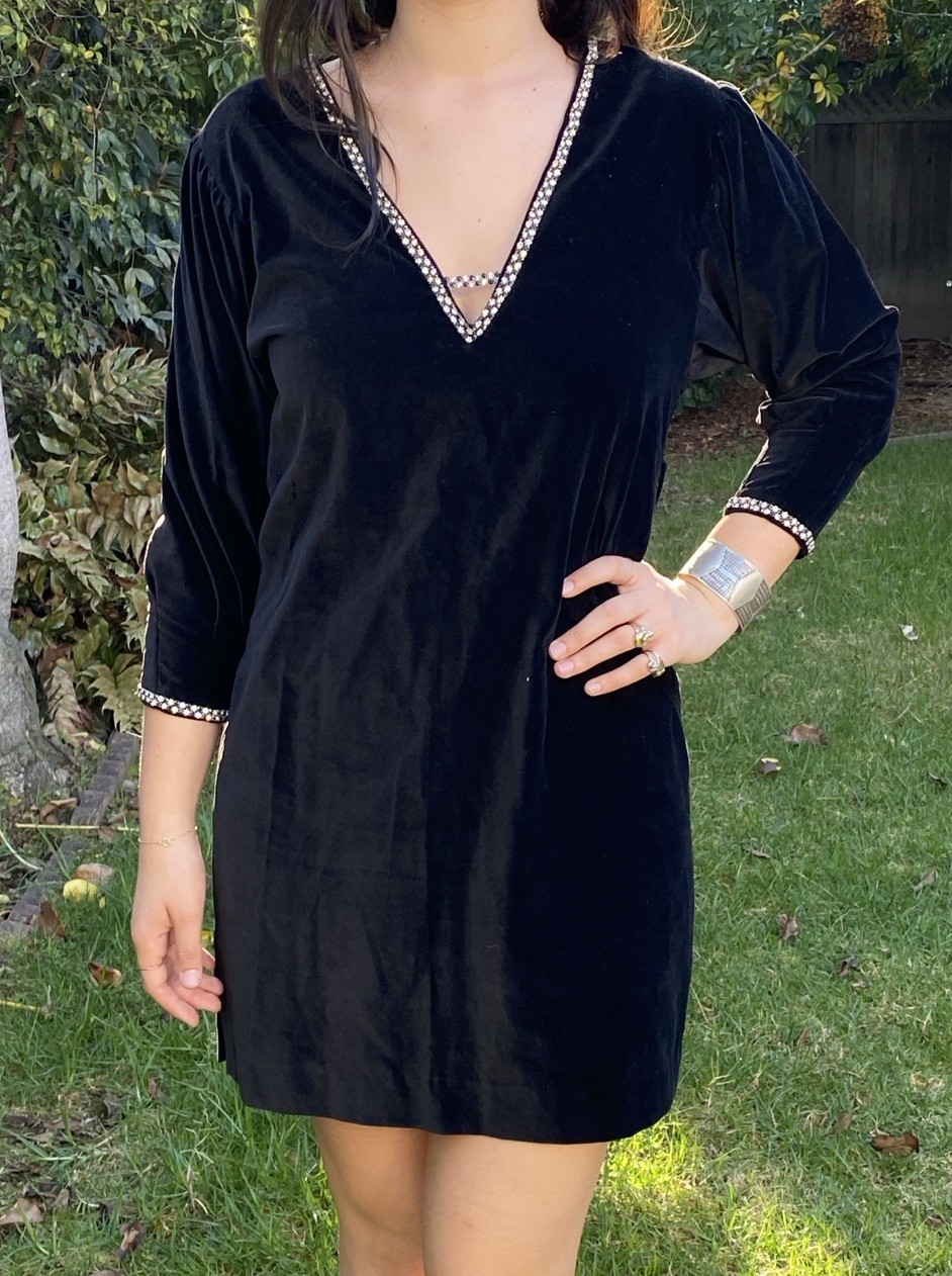 Vintage 60s M/L Handmade Velvet Rhinestone Trim Dress Black Mini