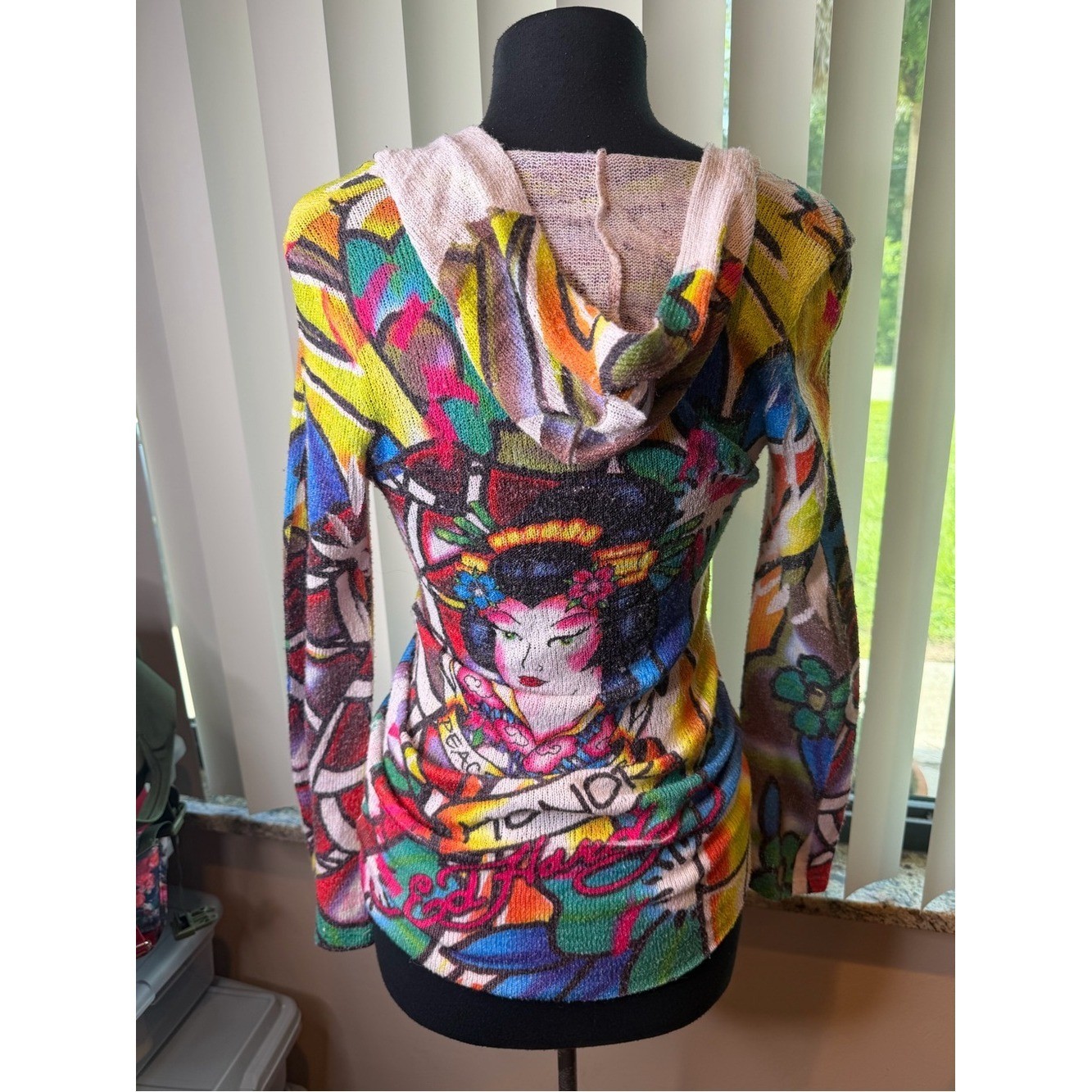 Y2K Vintage Ed Hardy knitted hooded sweater geisha art print Size Large