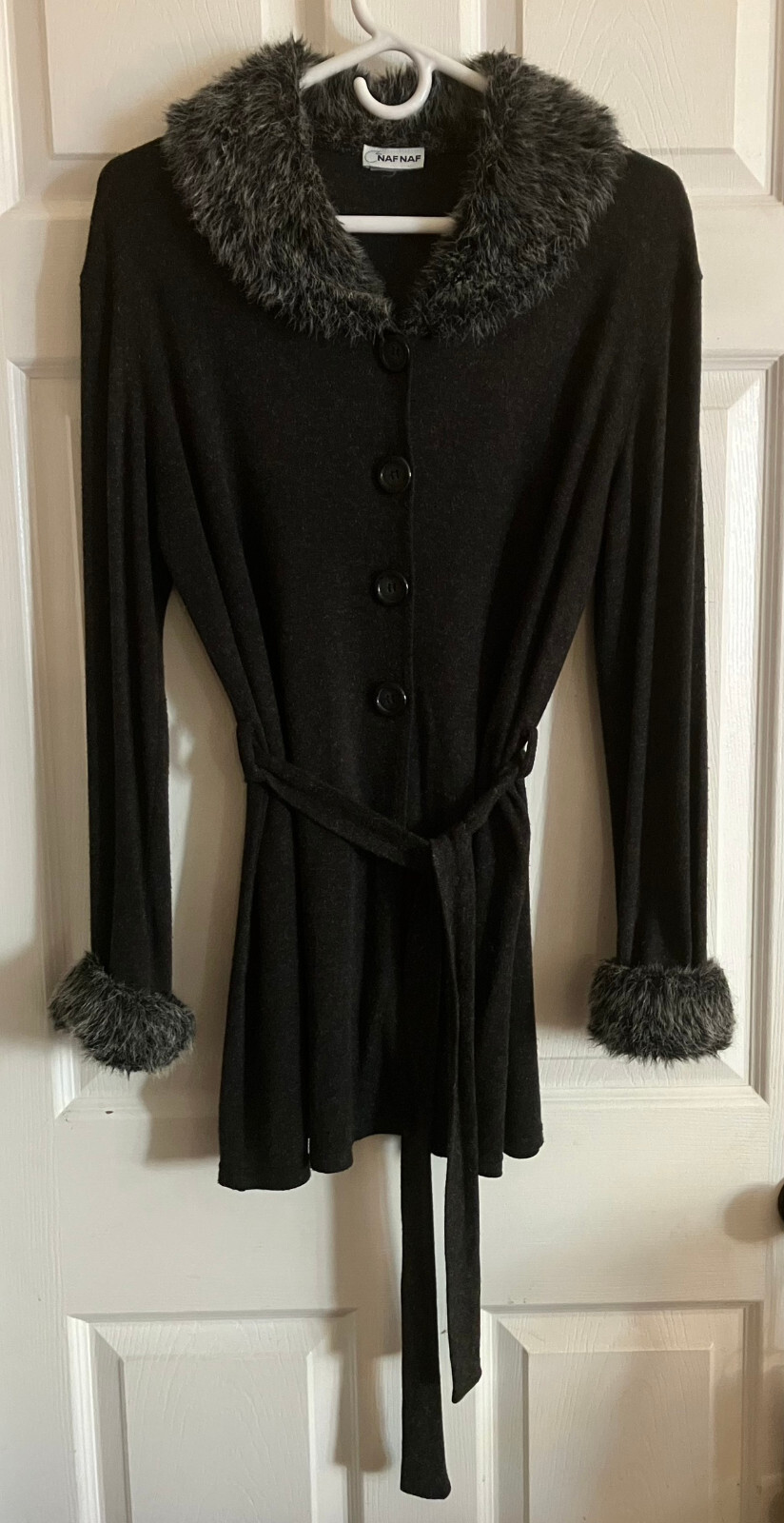 Vintage NAF NAF Charcoal Gray CARDIGAN Sweater Jacket, Faux Fur Collar, One Size
