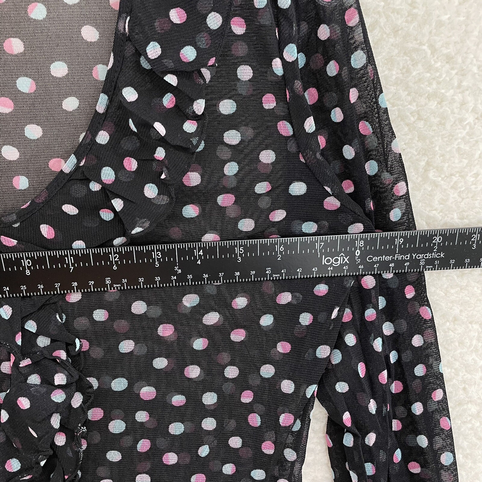 Y2K Vintage Top Button Blouse Medium Black Polka Dot Mesh Sheer Corpcore Office