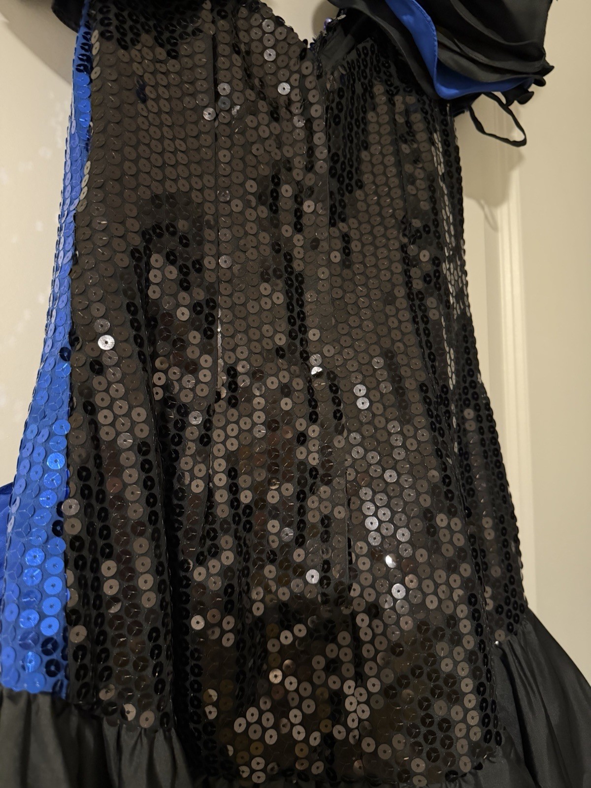 Vintage Alyce Designs Sequin Taffeta Blue Black Ruffle Sleeve Dress 80s 90s Y2k