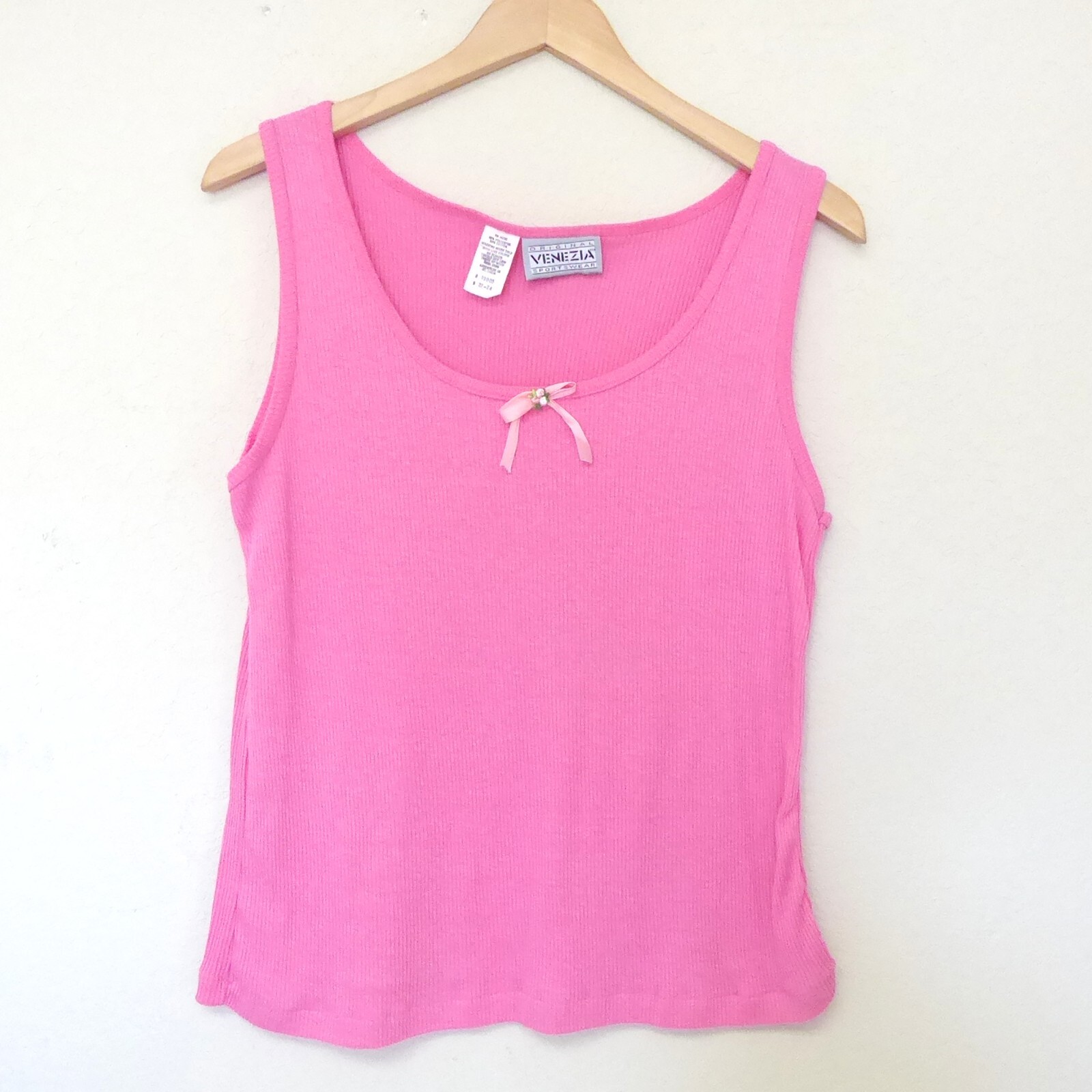 1980s Vintage Venezia pink ribbed tank top with ribbon detail plus size 22-24