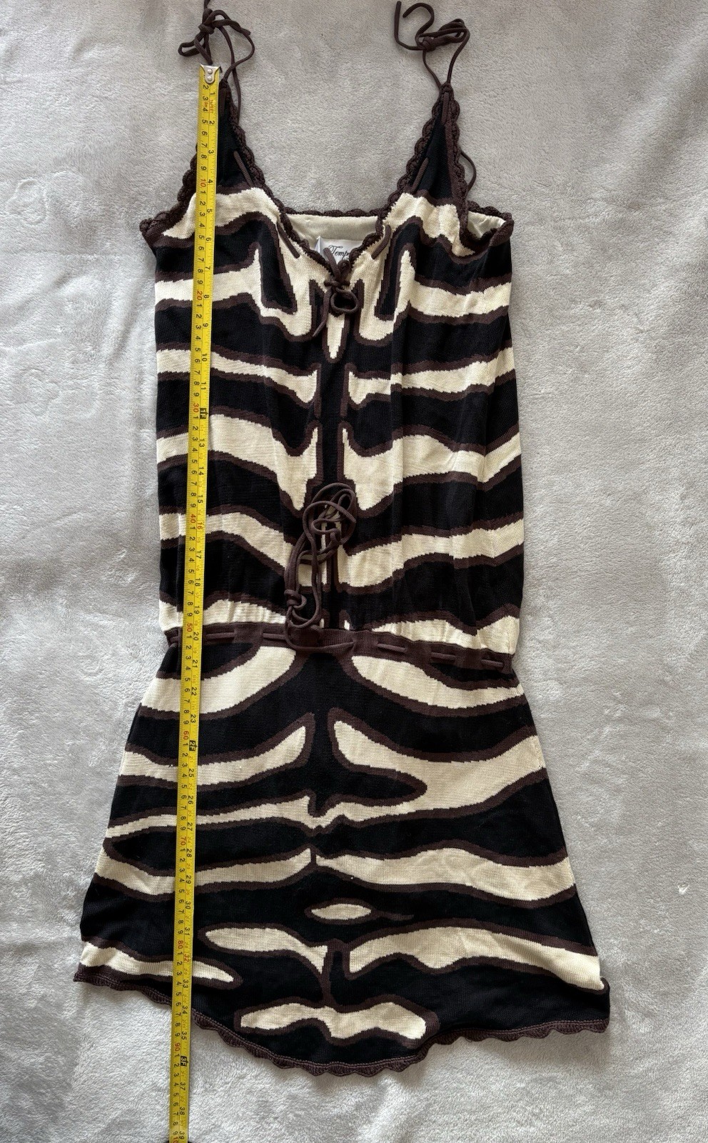 Vintage Temperley London 100% Silk Midi Dress Tie Strap Tan Black Animal Size 4P