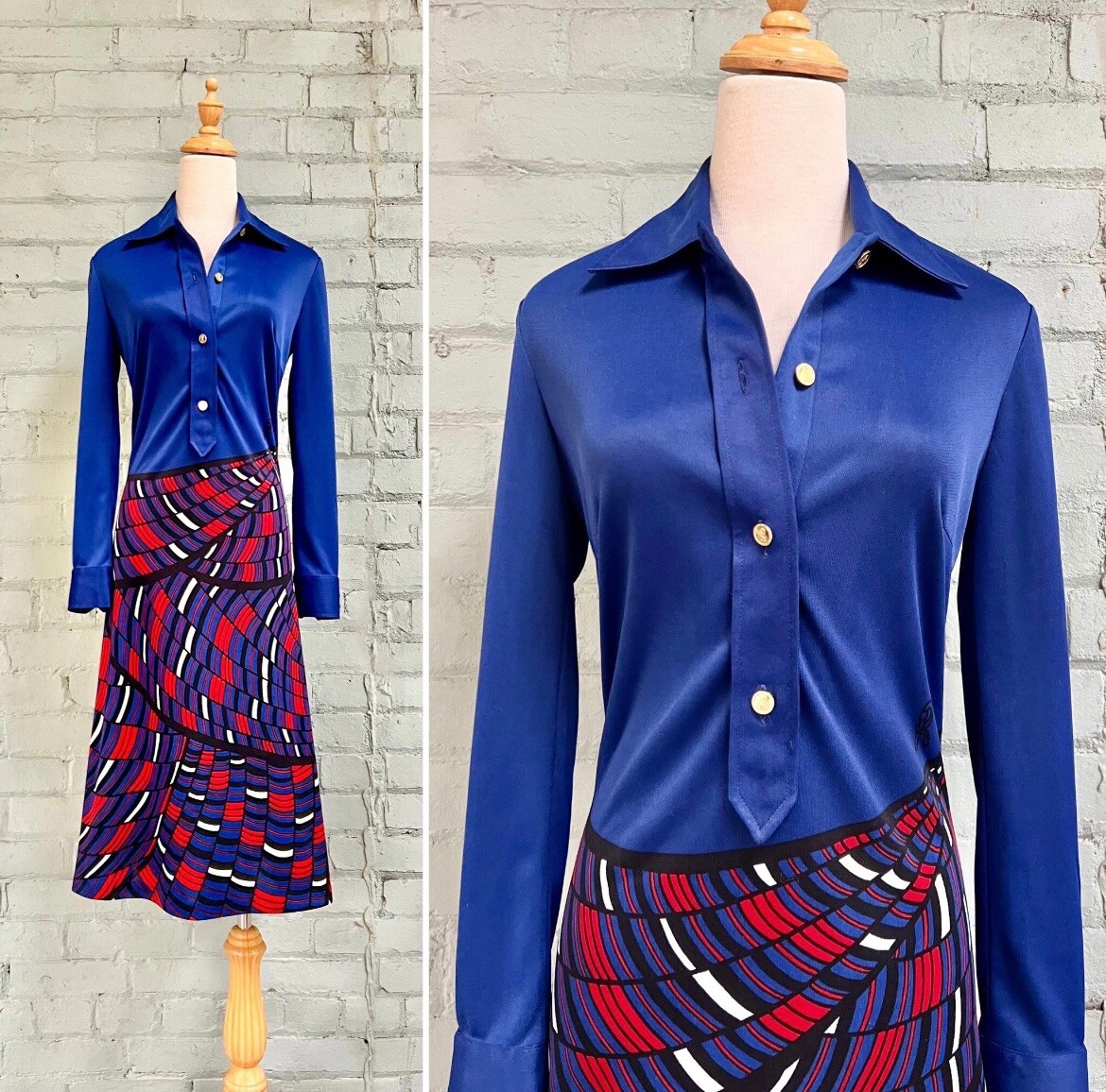 Vintage 1970s Roberta Di Camerino blue trompe l’oeil midi shirt dress / small