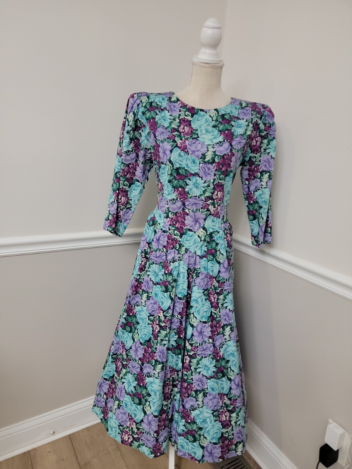 VTG Lavander Blue Floral Cottagecore Midi Tea Garden Party Dress 3/4 Sleeves