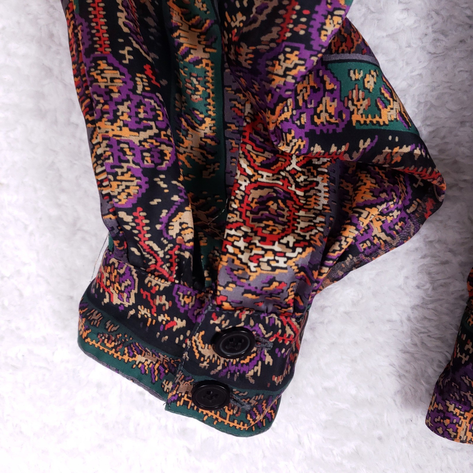 La Chine Classic Paisley Blouse Womens Size 10 Vintage Pleated Button Back 80s