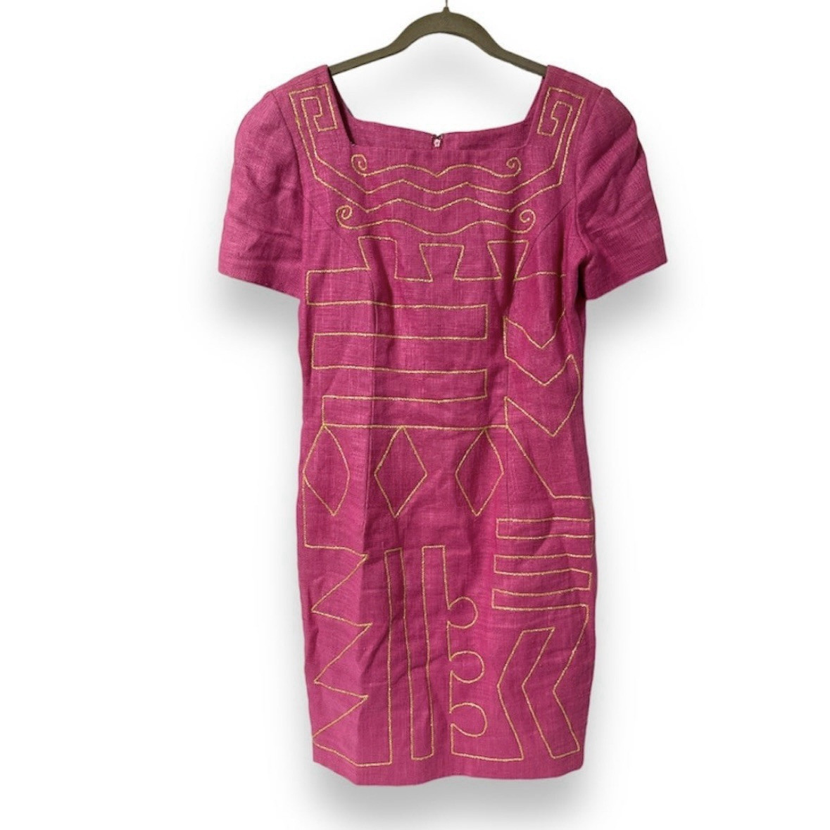 Vintage 80s Santa Fe Bright Pink Midi Dress Gold Embroidery Linen Women’s Sz 8
