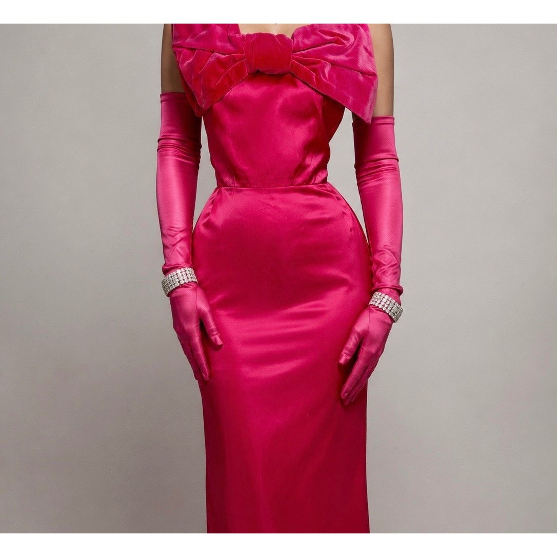 Vintage 1950s Hot Pink Marilyn Monroe Style Gown Oversized Velvet Bow Maxi Dress
