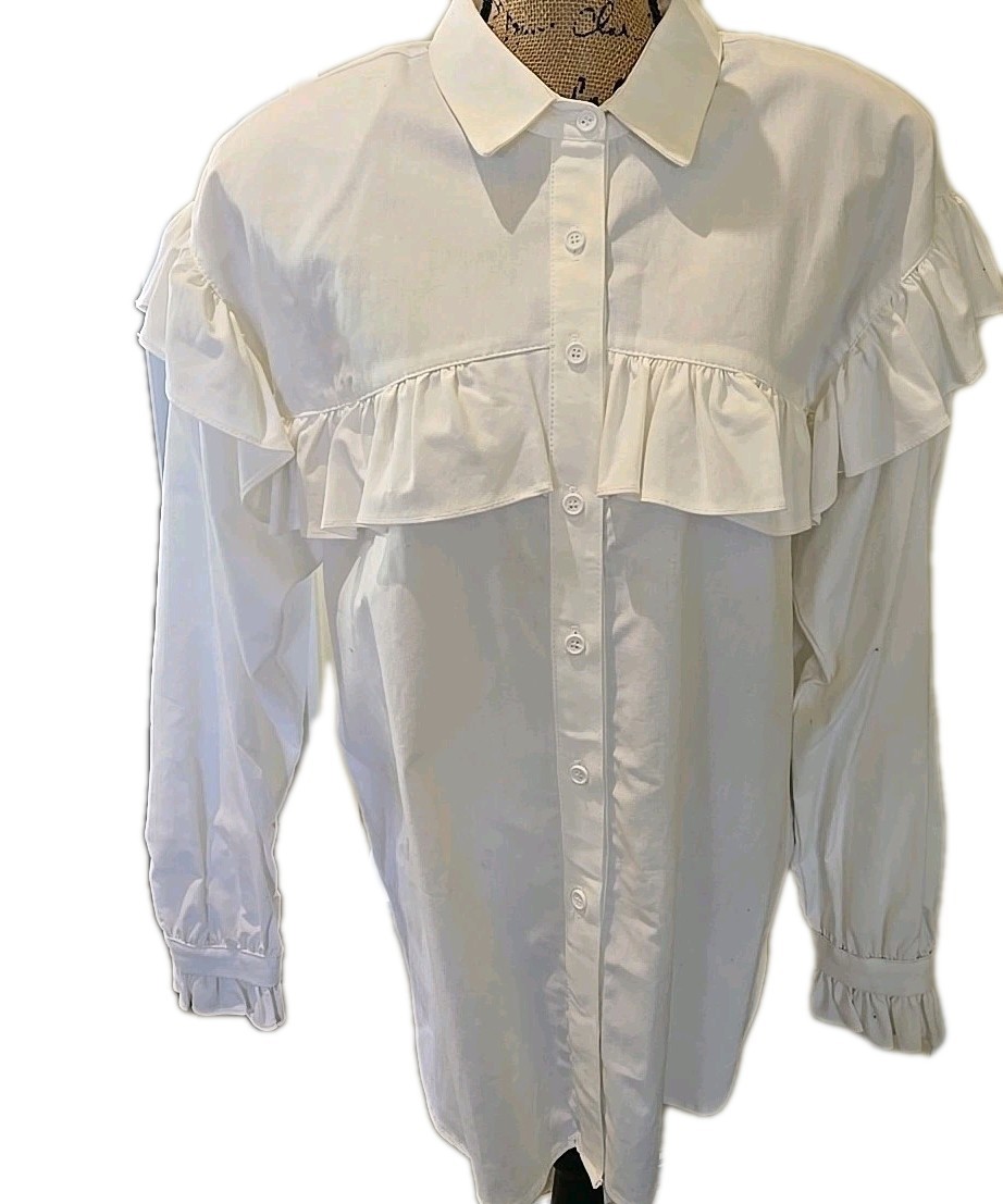 1980’s Vintage Pegaso Frill Poplin Peter Pan Blouse Shirt Sz Large Shoulder Pads