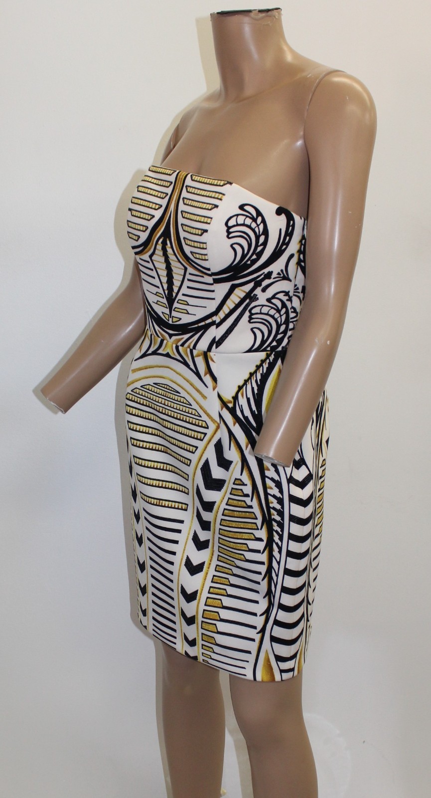 Boston Proper Strapless Mini Dress w White Black & Gold Pattern Size 6