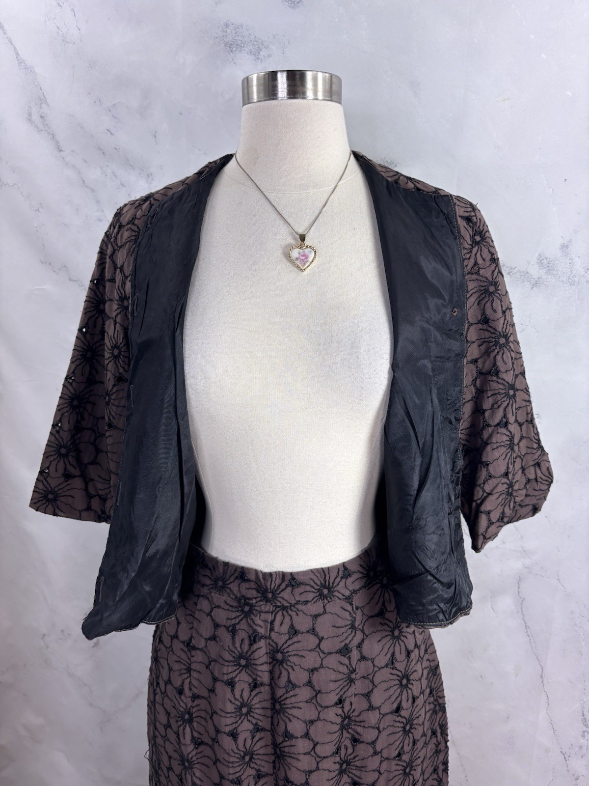 VTG 50s Union Label Floral Skirt Suit Set Brown Black MCM Wiggle Mad Max S 1950s